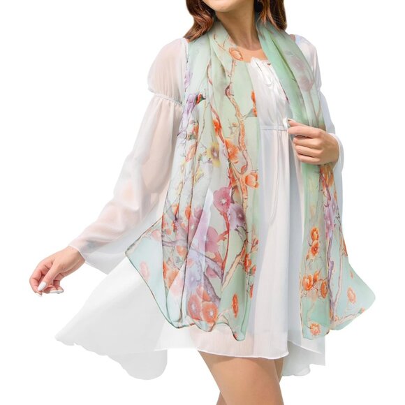 Women's Green-flower Fashion Lightweight Head Scarf Floral Print Chiffon Scarves - Picture 1 of 6